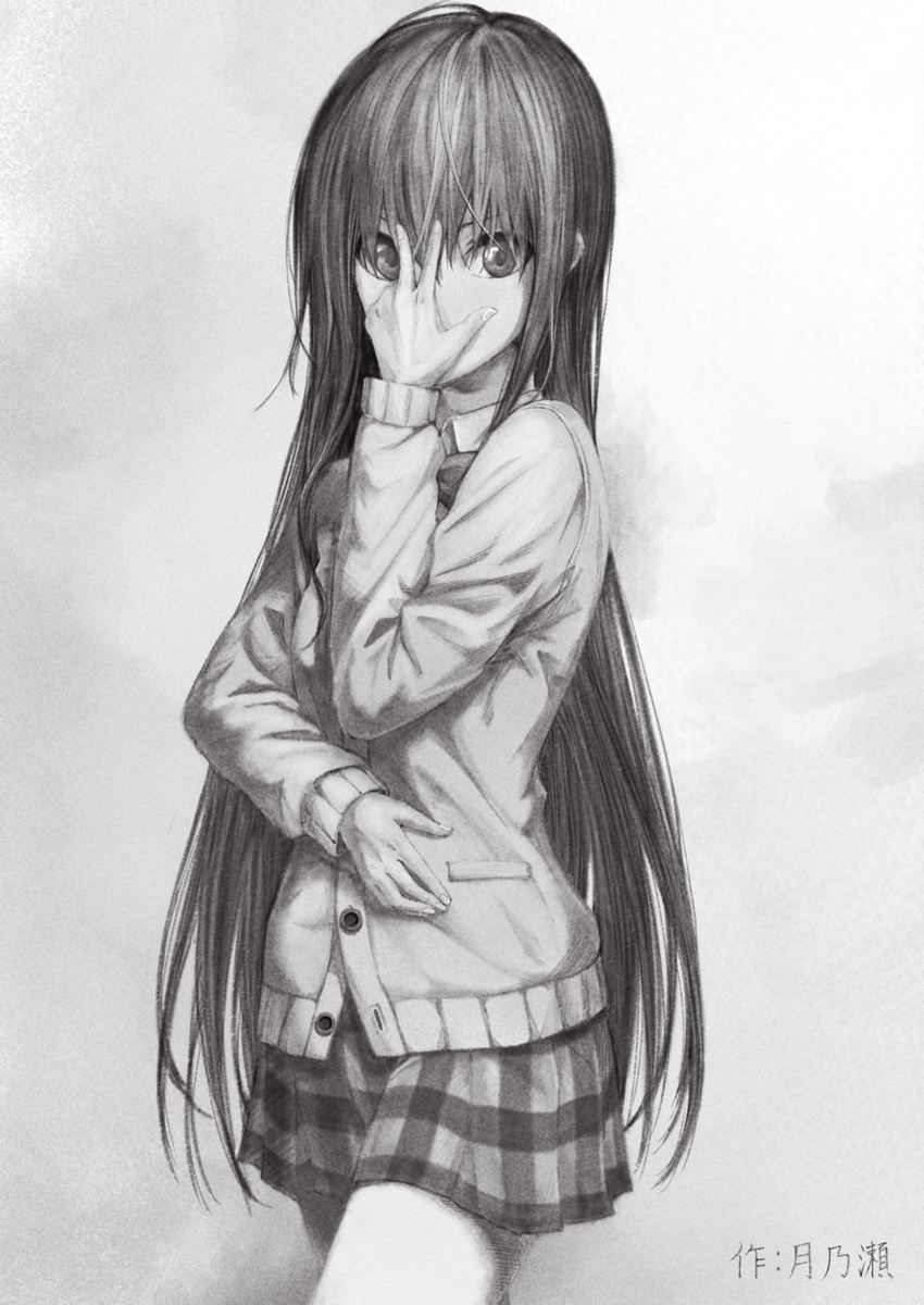 alternate_universe cardigan commentary_request covering_face cowboy_shot female gabriel_dropout graphite_(medium) greyscale hand_on_own_face highres iinchou_(gabriel_dropout) jojo_pose long_hair long_sleeves monochrome plaid plaid_skirt pleated_skirt pose sak_(user_yarg) school_uniform skirt solo traditional_media