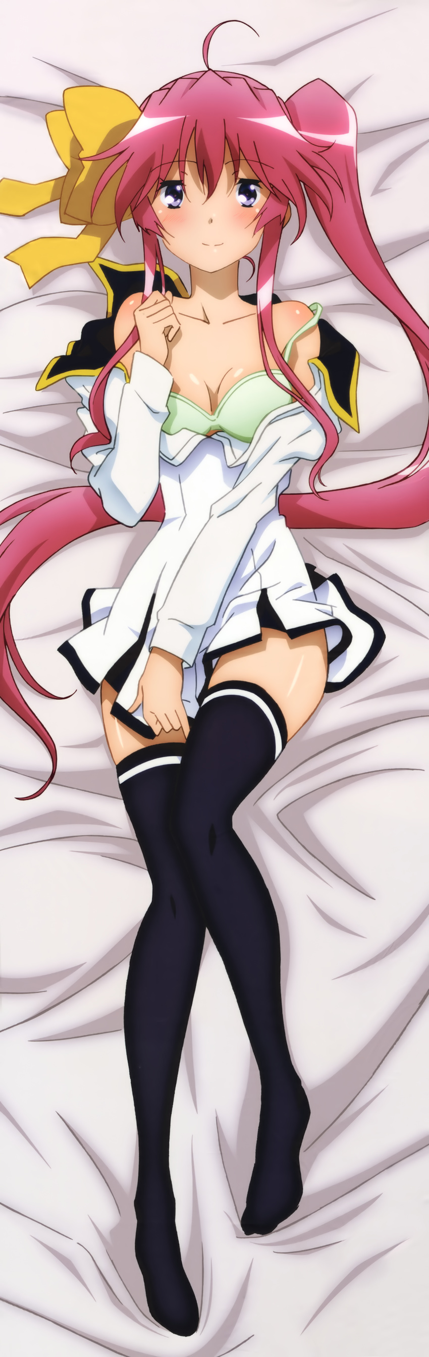 absurdres ahoge akane_academy_school_uniform bed_sheet black_thighhighs blue_eyes bra breasts cleavage collarbone dakimakura_(medium) eyebrows female from_above full_body green_bra hair_ribbon highres long_hair looking_at_viewer lying medium_breasts off_shoulder on_back ranjou_satsuki red_hair ribbon school_uniform seiken_tsukai_no_world_break side_ponytail smile solo thighhighs underwear yellow_ribbon