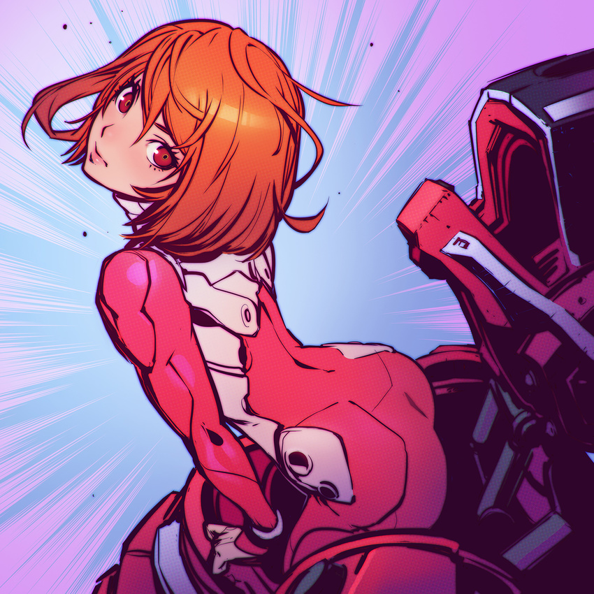 all_you_need_is_kill armor ass female gloves head_tilt highres ilya_kuvshinov lips looking_at_viewer orange_eyes orange_hair photoshop_(medium) power_armor rita_vrataski science_fiction short_hair skin_tight solo