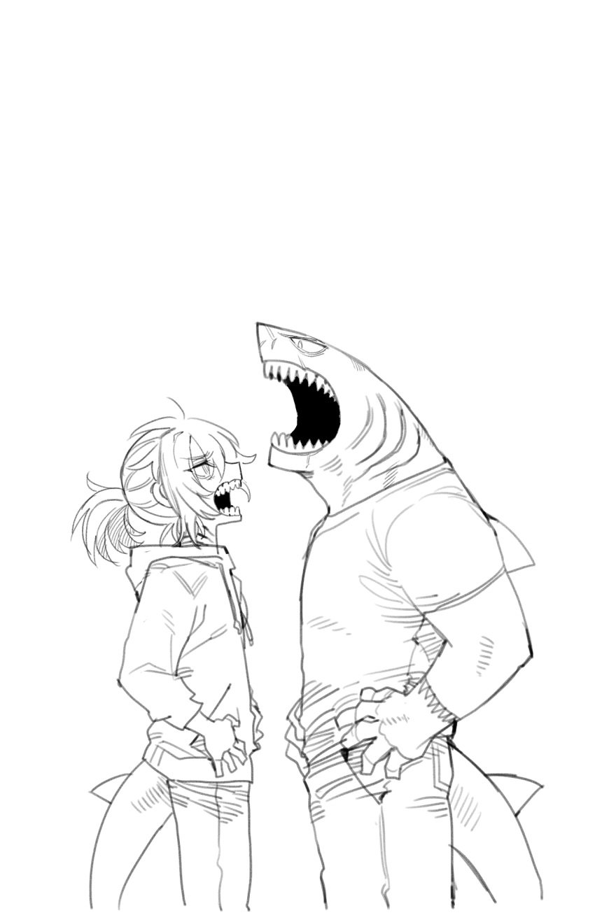 1boy aged_up brother_and_sister female fins fish_tail from_side furry furry_male greyscale hands_on_own_hips highres hood hood_down hoodie looking_at_another monochrome open_mouth original pants ratatatat74 shark_boy shark_girl shark_tail sharp_teeth shirt short_sleeves siblings tail teeth