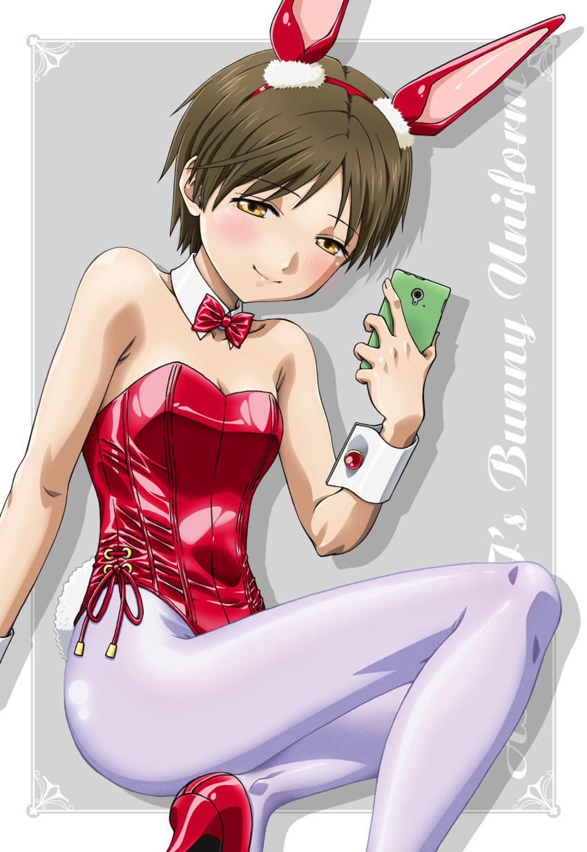 akebi-chan_no_serafuku animal_ears boo_(takagi) bow bowtie breasts cellphone commentary_request detached_collar female highres leotard pantyhose phone playboy_bunny purple_pantyhose rabbit_ears rabbit_tail red_bow red_bowtie red_leotard selfie short_hair small_breasts solo tail tanigawa_kei traditional_bowtie white_leotard wrist_cuffs yellow_eyes