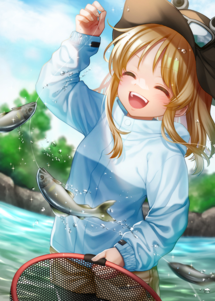 blonde_hair blush closed_eyes commentary female fish fishing fishing_net forest frog_hat goggles goggles_on_headwear highres jacket moriya_suwako nature nora_wanko open_mouth outdoors short_shorts shorts touhou water