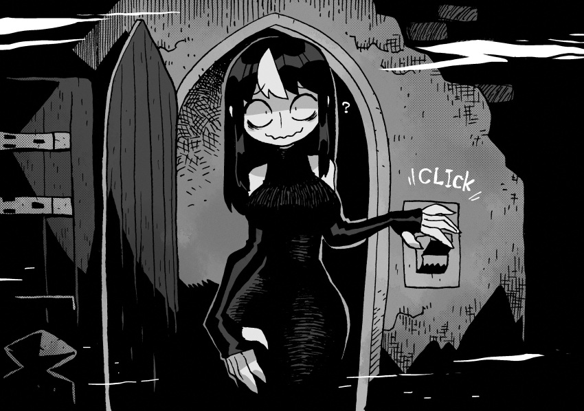 ? absurdres bags_under_eyes bare_shoulders breasts closed_mouth commentary count_orlok dark dress female greyscale highres large_breasts light_switch long_dress long_hair looking_at_viewer monochrome multicolored_hair nosferatu_eine_symphonie_des_grauens noss_(rariatto) open_door original parody rariatto_(ganguri) redrawn sanpaku smile solo spongebob_squarepants_(series) streaked_hair symbol-only_commentary wavy_mouth