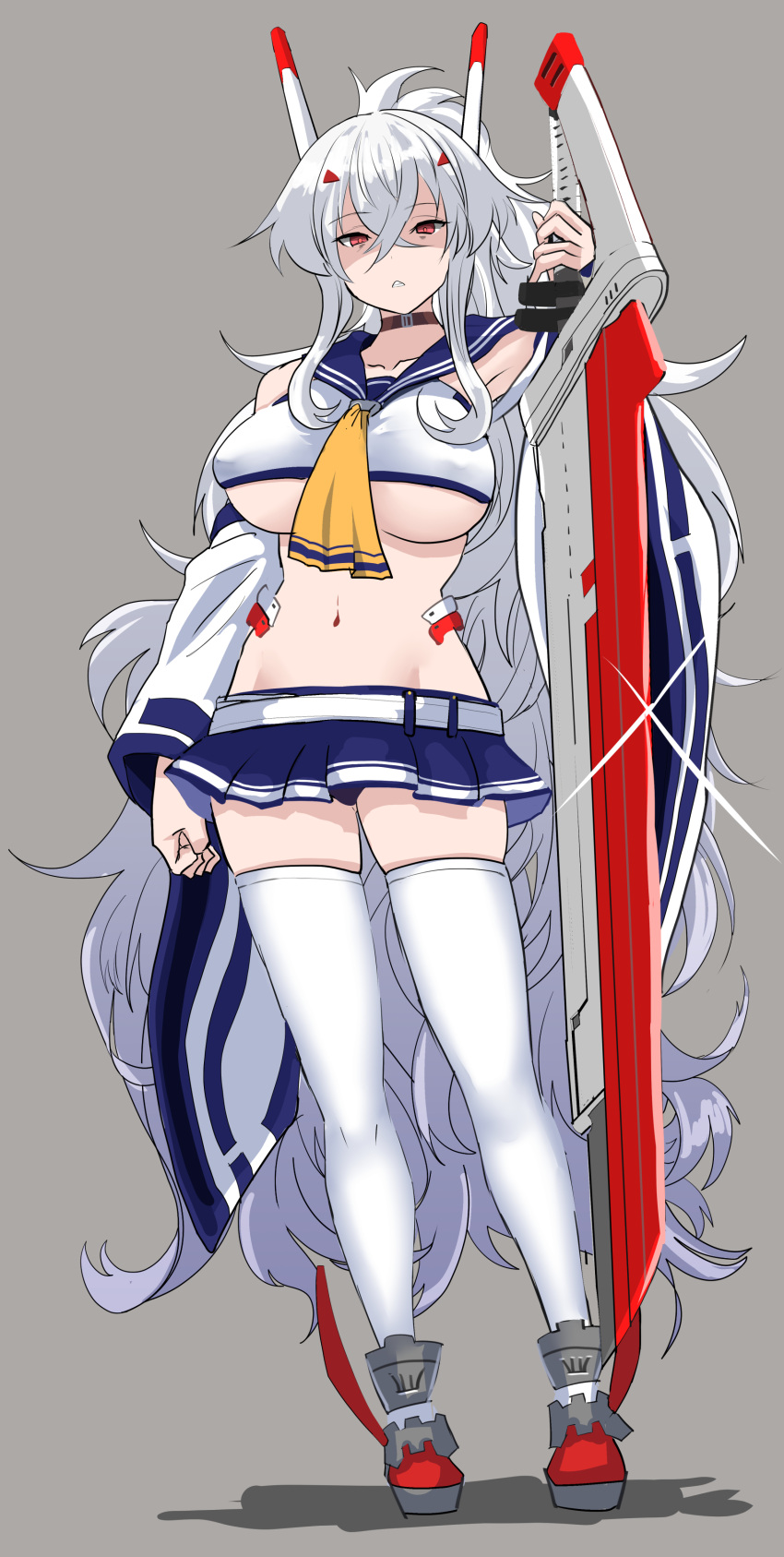 absurdres alternate_costume alternate_hairstyle armpits ascot ayanami_(azur_lane) ayanami_(azur_lane)_(cosplay) ayanami_(retrofit)_(azur_lane) azur_lane belt blue_skirt breasts choker clenched_hand collarbone commentary_request cosplay detached_sleeves female full_body graf_zeppelin_(azur_lane) grey_background groin hair_between_eyes hair_ornament hairclip headgear hey_taisyou high_ponytail highres large_breasts long_hair looking_at_viewer navel parted_lips pleated_skirt ponytail red_eyes red_footwear school_uniform serafuku shaded_face sidelocks simple_background skirt solo thighhighs underboob very_long_hair wavy_hair white_hair white_thighhighs wide_sleeves zettai_ryouiki