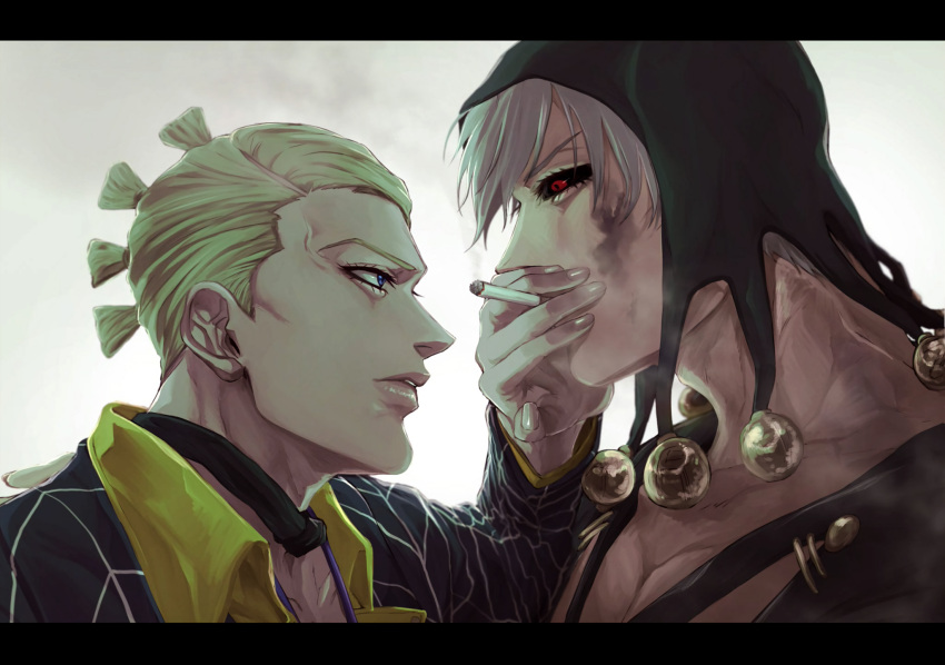 2boys black_sclera blonde_hair blue_eyes cigarette colored_sclera covering_another's_mouth grey_hair hat hat_bobbles highres jojo_no_kimyou_na_bouken letterboxed male_focus multiple_boys prosciutto red_eyes risotto_nero sano_(hospital_0434) smoking vento_aureo