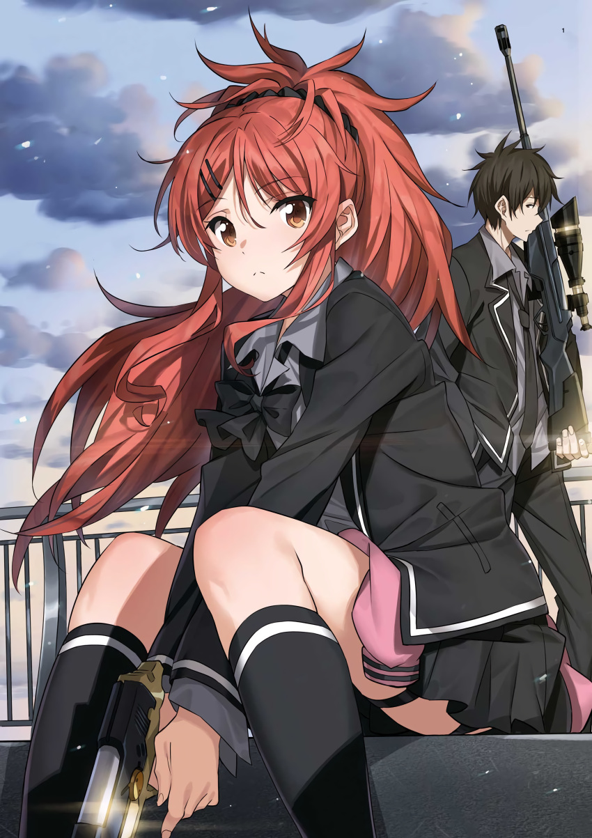 1boy absurdres black_hair black_jacket black_legwear black_ribbon black_scrunchie brother_and_sister chigusa_asuha chigusa_kasumi clothes_around_waist female glint grey_shirt gun hair_ornament hairclip handgun highres holster jacket lens_flare official_art ponytail qualidea_code red_hair ribbon rifle saitou_masatsugu scrunchie shirt siblings sitting sniper_rifle standing weapon