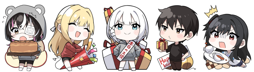 1boy 4girls :3 ^^^ absurdres animal_hood black_hair black_shirt blonde_hair blush_stickers box charlotte_arisaka_anderson chibi closed_mouth cookie cup cutting_board eyepatch flying_sweatdrops food gift gift_box hands_on_own_hips highres hood hoodie kimitsuka_kimihiko long_hair multicolored_hair multiple_girls natsunagi_nagisa official_art one_side_up open_mouth party_popper pie saikawa_yui saucer second-party_source shirt shorts siesta_(tantei_wa_mou_shindeiru) smile smug socks tantei_wa_mou_shindeiru teacup tripping umibouzu_(niito)