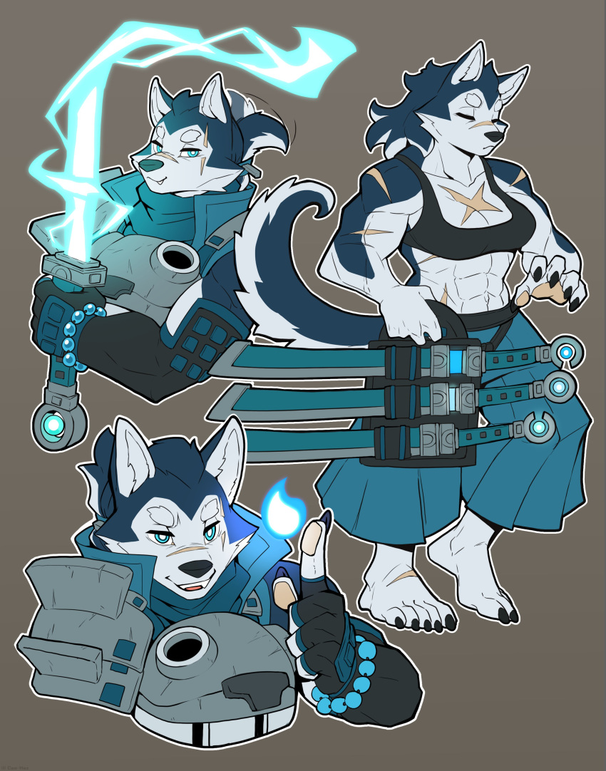 2021 5_fingers 5_toes abs absurd_res anthro armor barefoot biceps black_nails blue_body blue_eyes blue_fire blue_fur bottomwear bra bracelet breastplate breasts canid canine canis ceehaz claws cleavage closed_eyes clothed clothing colored_fire colored_nails cuirass cute_fangs dog_knight_rpg domestic_dog electricity feet female fingerless_gloves fingers fire fur gloves grey_background hair handwear hi_res holding_melee_weapon holding_object holding_sword holding_weapon humanoid_feet husky jewelry looking_at_viewer magic_user mammal melee_weapon midriff multicolored_body multicolored_fur multiple_images muscular muscular_anthro muscular_female nails navel nordic_sled_dog open_mouth pants pauldron pawpads paws plantigrade safira_(ceehaz) samurai scar sheathed_weapon simple_background solo spitz sports_bra standing sword tied_hair toe_claws toes two_tone_body two_tone_fur underwear vambrace warrior weapon white_body white_fur