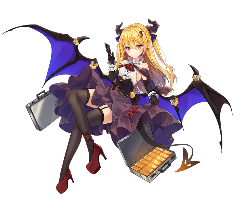 :d ark_order black_corset black_gloves black_horns black_tail black_thighhighs blonde_hair blue_bow blue_wings bow briefcase cape card center_frills closed_mouth corset credit_card dango_remi demon_girl demon_horns demon_tail demon_wings dollar_hair_ornament dollar_sign elbow_gloves female flat_chest frills full_body garter_straps gloves gold_bar hair_ornament hairbow high_heels holding holding_card horns lace-trimmed_legwear lace_trim large_wings long_hair looking_at_viewer low_wings mammon_(ark_order) official_art pointy_ears purple_cape purple_skirt red_bow red_footwear shirt shoes side_cape skirt sleeveless sleeveless_shirt smile solo suitcase tachi-e tail thighhighs transparent_background variant_set very_long_hair white_shirt wings yellow_eyes