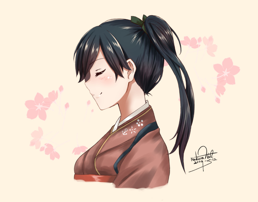 artist_name black_hair blush closed_eyes dated female houshou_(kancolle) kantai_collection long_hair nakura_haru orange_background petals ponytail profile signature smile solo upper_body