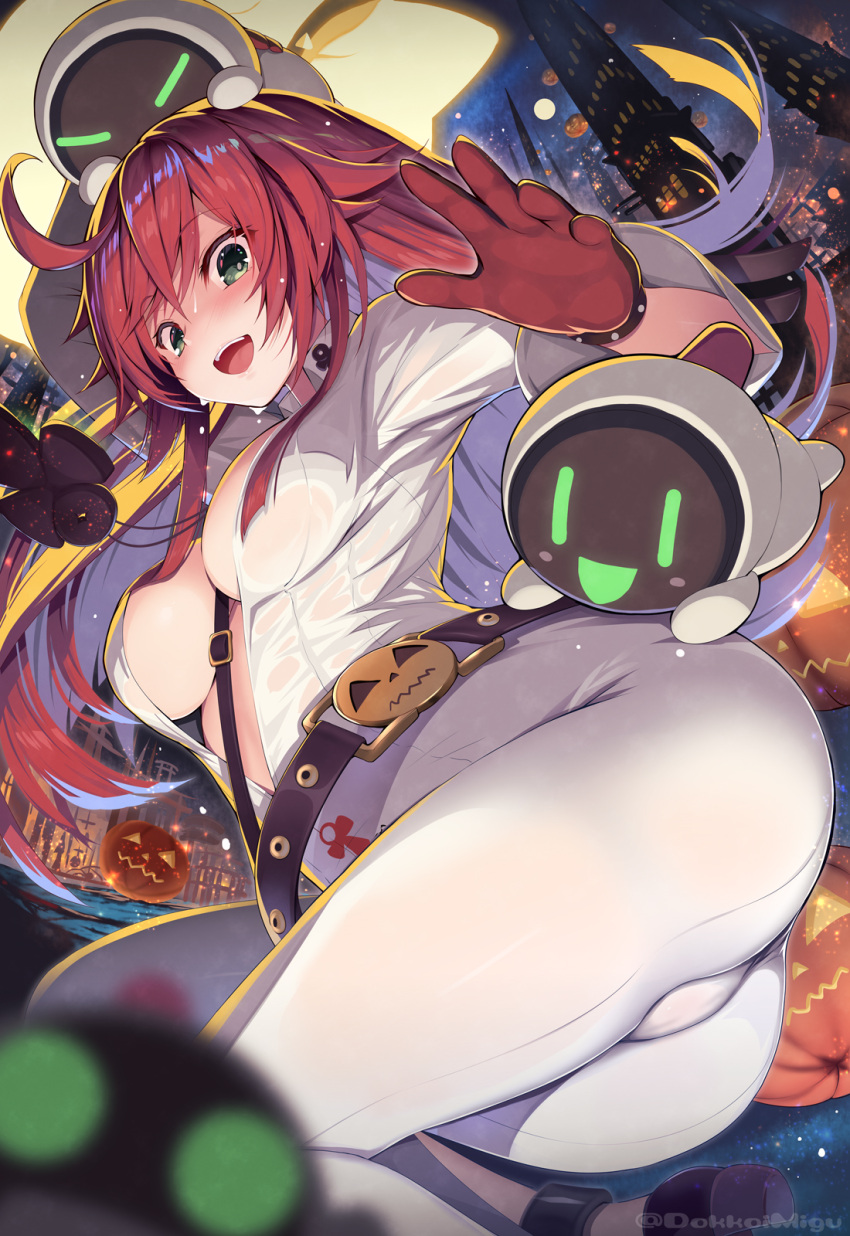 :d ahoge belt black_belt bodysuit breasts broken_halo building center_opening city commentary female gloves green_eyes guilty_gear guilty_gear_strive halo highres jack-o'_valentine knight_servant lancer_servant long_hair looking_at_viewer magician_servant medium_breasts migumigu red_gloves red_hair smile teeth upper_teeth_only white_bodysuit