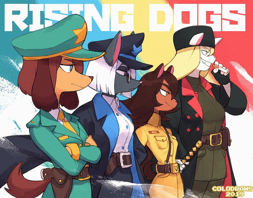 anthro belt brown_hair canid canine canis clothed clothing colo domestic_dog eyewear female fur glasses group hair headgear headwear helena_richter mammal melee_weapon military misha_(colo) rouge_(colo) smile sword uniform weapon