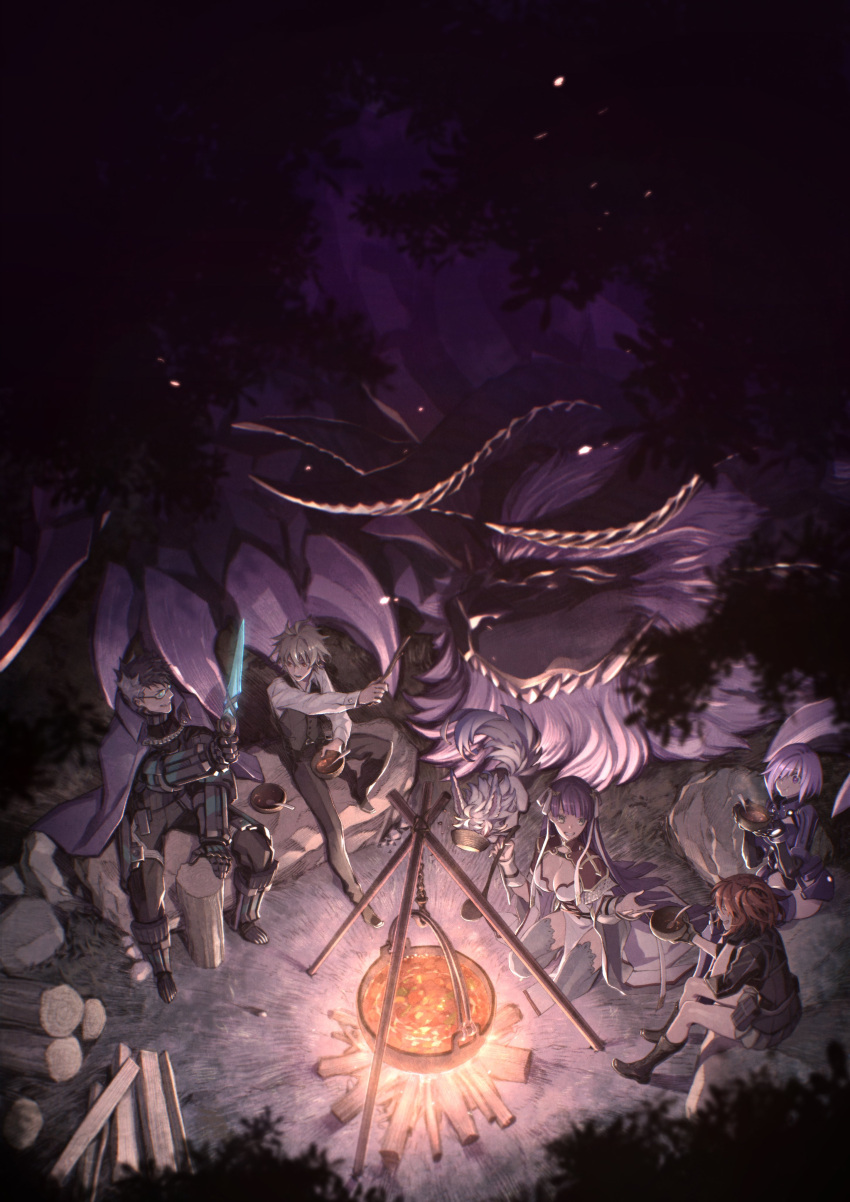 absurdres armor black_armor black_hair black_leotard black_scrunchie black_thighhighs blue_eyes blunt_bangs breasts brown_eyes brown_hair campfire choker cooking cooking_pot creature crosier dragon eating fate/apocrypha fate/grand_order fate_(series) fire firewood food fou_(fate) fujimaru_ritsuka_(female) fujimaru_ritsuka_(female)_(polar_chaldea_uniform) glasses hair_ornament hair_over_one_eye hair_scrunchie highres hime_cut ladle large_breasts leotard log martha_(fate) mash_kyrielight mash_kyrielight_(ortenaus) miwa_shirow multicolored_hair night official_alternate_costume orange_hair purple_eyes purple_hair scrunchie short_hair shoulder_spikes sieg_(fate) sigurd_(fate) sleeping spiked_hair spikes stew stick straight_hair tarasque_(fate) thighhighs two-tone_hair white_hair wood