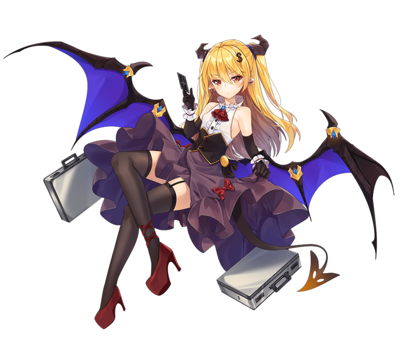 :d ark_order black_corset black_gloves black_horns black_tail black_thighhighs blonde_hair blue_wings bow briefcase card center_frills closed_mouth corset credit_card dango_remi demon_girl demon_horns demon_tail demon_wings dollar_hair_ornament dollar_sign elbow_gloves female flat_chest frills full_body garter_straps gloves hair_ornament high_heels holding holding_card horns lace-trimmed_legwear lace_trim large_wings long_hair looking_at_viewer low_wings mammon_(ark_order) official_art pointy_ears purple_skirt red_bow red_footwear shirt shoes skirt sleeveless sleeveless_shirt smile solo suitcase tachi-e tail thighhighs transparent_background variant_set very_long_hair white_shirt wings yellow_eyes