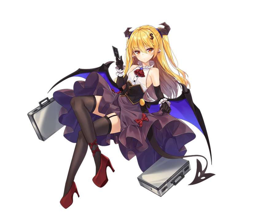 :d ark_order black_corset black_gloves black_horns black_tail black_thighhighs blonde_hair blue_wings bow briefcase card center_frills closed_mouth corset credit_card dango_remi demon_girl demon_horns demon_tail demon_wings dollar_hair_ornament dollar_sign elbow_gloves female flat_chest frills full_body garter_straps gloves hair_ornament high_heels holding holding_card horns lace-trimmed_legwear lace_trim long_hair looking_at_viewer low_wings mammon_(ark_order) official_art pointy_ears purple_skirt red_bow red_footwear shirt shoes skirt sleeveless sleeveless_shirt smile solo suitcase tachi-e tail thighhighs transparent_background variant_set very_long_hair white_shirt wings yellow_eyes