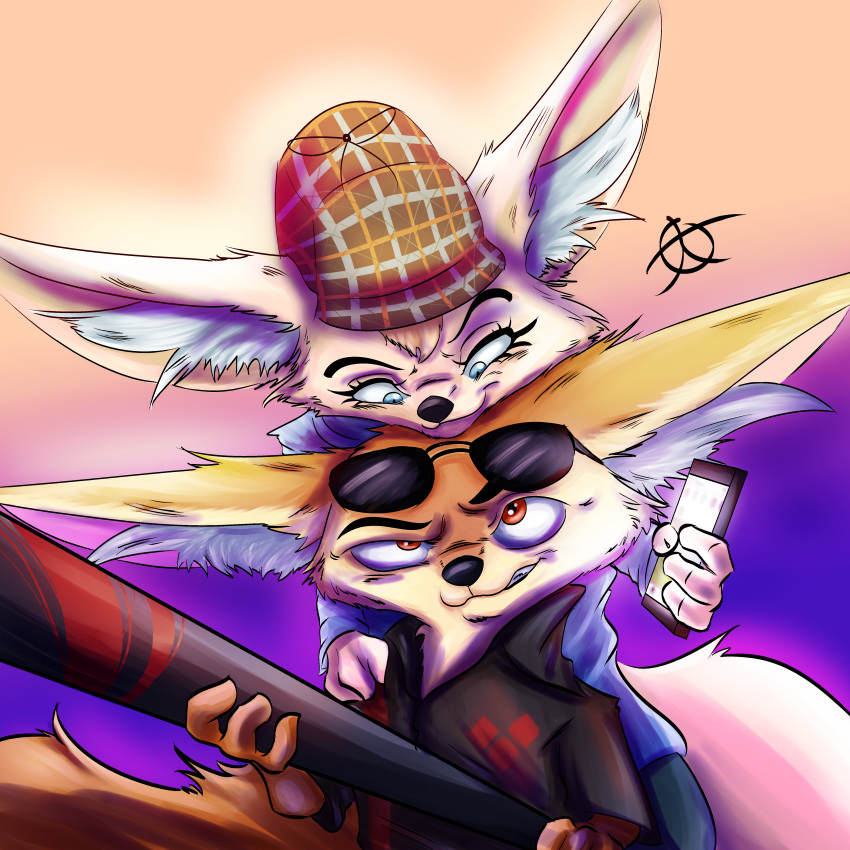 1:1 2020 absurd_res aggretsuko anthro baseball_bat bat_(object) brown_body brown_fur canid canine cellphone clothed clothing crossover disney duo electronics eyewear fennec_fox fenneko finnick_(zootopia) fox fully_clothed fur hat headgear headwear hi_res holding_cellphone holding_object holding_phone inner_ear_fluff jaff96 mammal phone sanrio simple_background sunglasses tan_body tan_fur true_fox tuft zootopia