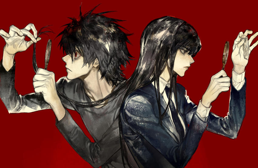 1boy back-to-back bags_under_eyes beyond_birthday black_eyes black_hair black_shirt death_note detective female formal highres holding holding_own_hair long_hair magnifying_glass misora_naomi mvrl necktie red_background red_eyes shirt suit tuxedo