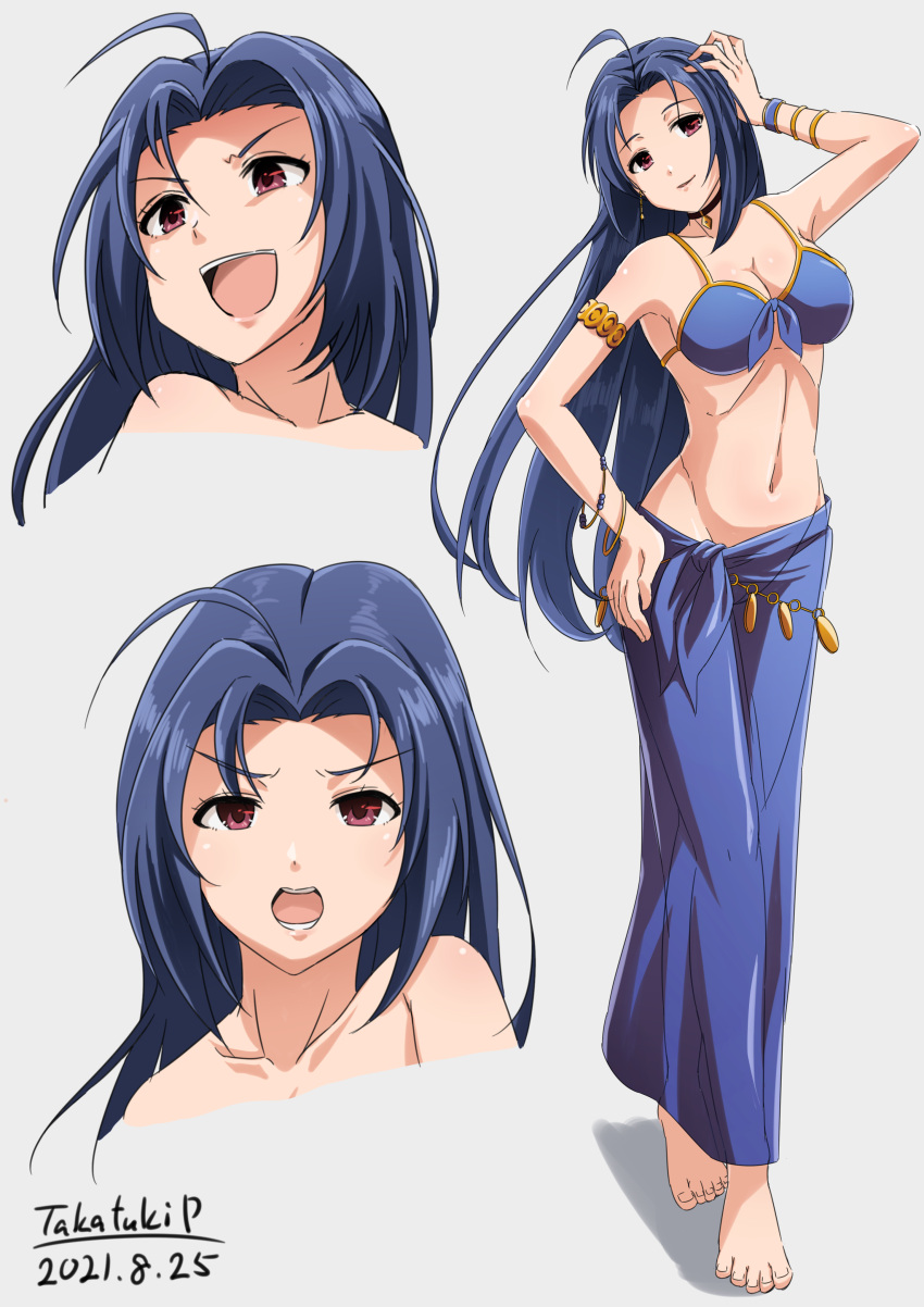 2021 :d absurdres ahoge arm_up armlet barefoot bikini blue_bikini blue_hair bracelet breasts cleavage closed_mouth collarbone dated female full_body grey_background groin hair_between_eyes hair_intakes hand_on_own_head hand_on_own_hip highres idolmaster idolmaster_(classic) jewelry long_hair long_skirt looking_at_viewer medium_breasts miura_azusa multiple_views navel open_mouth red_eyes sarong see-through_silhouette sideboob skirt smile standing swimsuit takatsuki_p very_long_hair