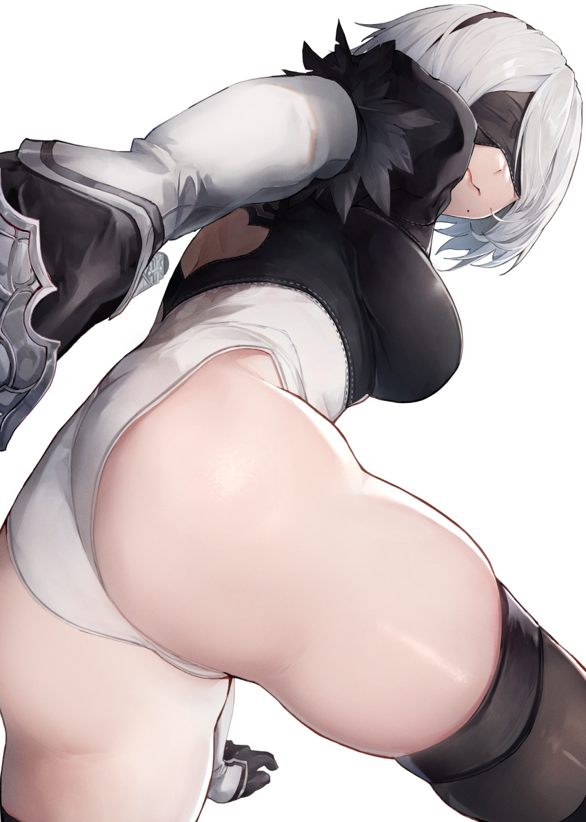 2b_(nier:automata) absurdres ass back_cutout black_gloves black_hairband blindfold breasts clothing_cutout covered_eyes feather-trimmed_sleeves female gloves hairband highres juliet_sleeves katana large_breasts leotard long_sleeves megu_(pixiv9460065) mole mole_under_mouth nier:automata nier_(series) puffy_sleeves short_hair solo swept_bangs sword thighhighs thighs virtuous_contract weapon white_hair white_leotard