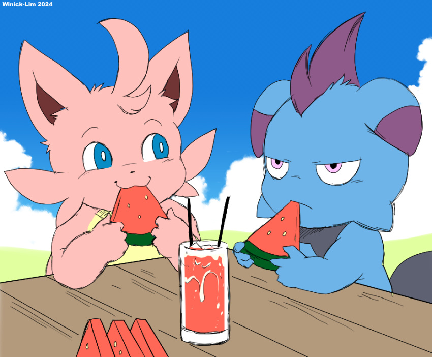 2024 ambiguous_gender anthro artist_name beverage blue_body cattiva day depresso detailed_background duo eating food fruit furniture glass hi_res looking_at_another melon outside pal_(species) palworld pink_body plant pocketpair table watermelon watermelon_slice winick-lim