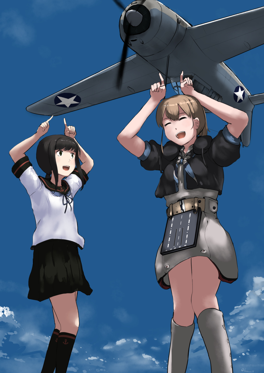 2girls aircraft airplane anchor_symbol arms_up belt black_eyes black_hair black_neckerchief black_sailor_collar black_shirt black_skirt black_socks blue_neckerchief blue_sky boots brown_hair cloud commentary_request day f2a_buffalo facing_viewer feet_out_of_frame fubuki_(kancolle) fubuki_kai_ni_(kancolle) grey_belt grey_neckerchief grey_skirt highres hitokoe index_fingers_raised intrepid_(kancolle) kantai_collection kneehighs long_hair looking_at_another low_ponytail military_vehicle multicolored_neckerchief multiple_girls neck_pillow neckerchief outdoors parody pleated_skirt ponytail roundel sailor_collar shibafu_(glock23)_(style) shirt short_hair short_ponytail short_sleeves sidelocks skirt sky socks standing star_(symbol) style_parody utility_belt white_shirt