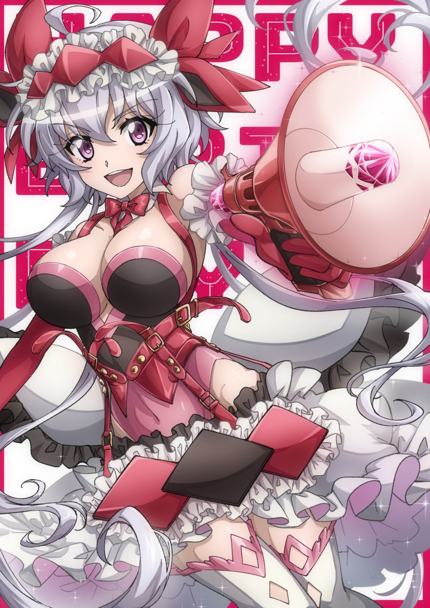 :d absurdres ahoge bad_id bad_pixiv_id bow bowtie breasts choker cleavage covered_navel elbow_gloves female floating_hair gloves grey_hair hair_between_eyes highleg highleg_leotard highres holding holding_megaphone large_breasts leotard long_hair looking_at_viewer maid_headdress megaphone miniskirt open_mouth pink_eyes pink_leotard red_bow red_bowtie senki_zesshou_symphogear shiny_skin skirt smile solo thighhighs very_long_hair white_choker white_skirt white_thighhighs yukine_chris yukitsuba_hina zettai_ryouiki