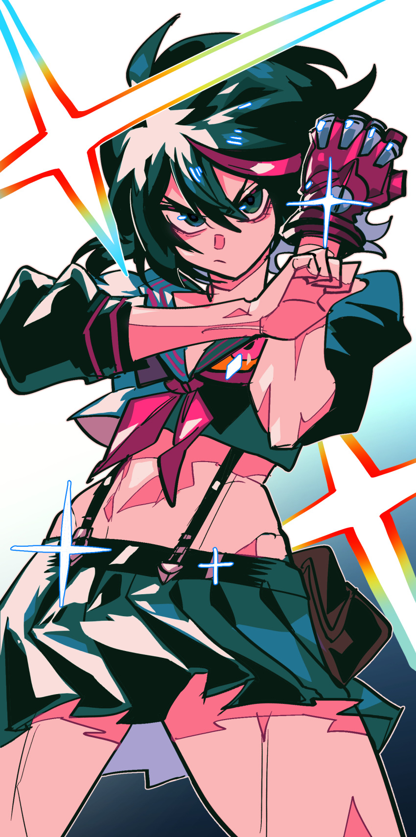 1other absurdres black_hair black_skirt female fingerless_gloves gloves highres kill_la_kill looking_at_viewer margare matoi_ryuuko midriff miniskirt multicolored_hair pleated_skirt red_gloves red_hair senketsu skirt sparkle standing suspender_skirt suspenders