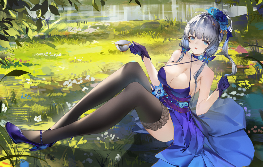 absurdres ahoge azur_lane bare_shoulders black_thighhighs blue_dress blue_eyes blue_footwear blue_gloves breasts butterfly_hair_ornament cleavage cup dress female flantia flower full_body gloves grass grey_hair hair_ornament hands_up high_heels highres holding holding_cup illustrious_(azur_lane) illustrious_(never-ending_tea_party)_(azur_lane) knees_up lace-trimmed_thighhighs lace_trim lake large_breasts leaf long_hair looking_at_viewer mole mole_under_eye official_alternate_costume on_grass outdoors parted_lips sitting smile solo teacup thighhighs tri_tails white_flower