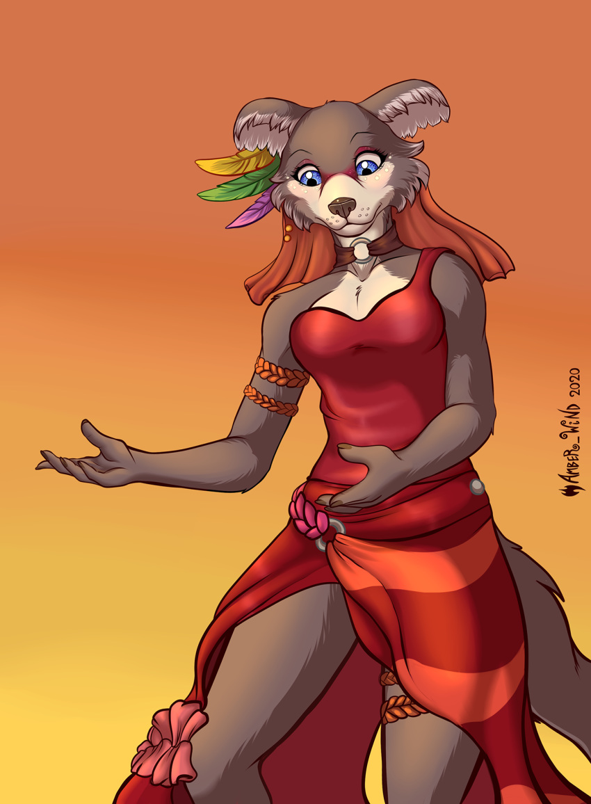 2020 amber_wind anthro beastars blue_eyes bracelet breasts brown_body brown_fur canid canine canis cheek_tuft clothed clothing collar dancing digital_media_(artwork) dress exposure_variation facial_tuft feathers female fluffy_ears fur hi_res jewelry juno_(beastars) low-angle_view makeup mammal one_shoulder_out portrait red_clothing red_dress simple_background single_strap single_strap_clothing single_strap_dress solo standing three-quarter_portrait tuft wolf