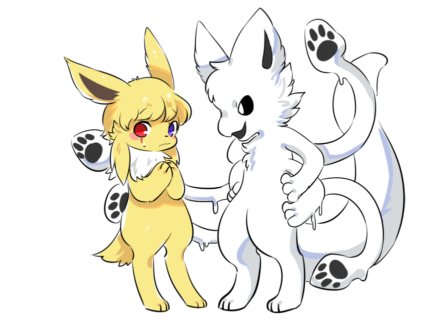 3_fingers 3_toes aishasoup anthro black_eyes black_nose canid canine canis changed_(video_game) cheek_tuft domestic_dog duo eeveelution eye_scar facial_scar facial_tuft featureless_crotch feet fingers fur generation_1_pokemon hi_res intimidation jolteon male mammal nintendo open_mouth pawpads paws pokemon pokemon_(species) scar simple_background squid_dog_(changed) toes tuft white_background white_body white_fur worried worried_look yellow_body yellow_fur