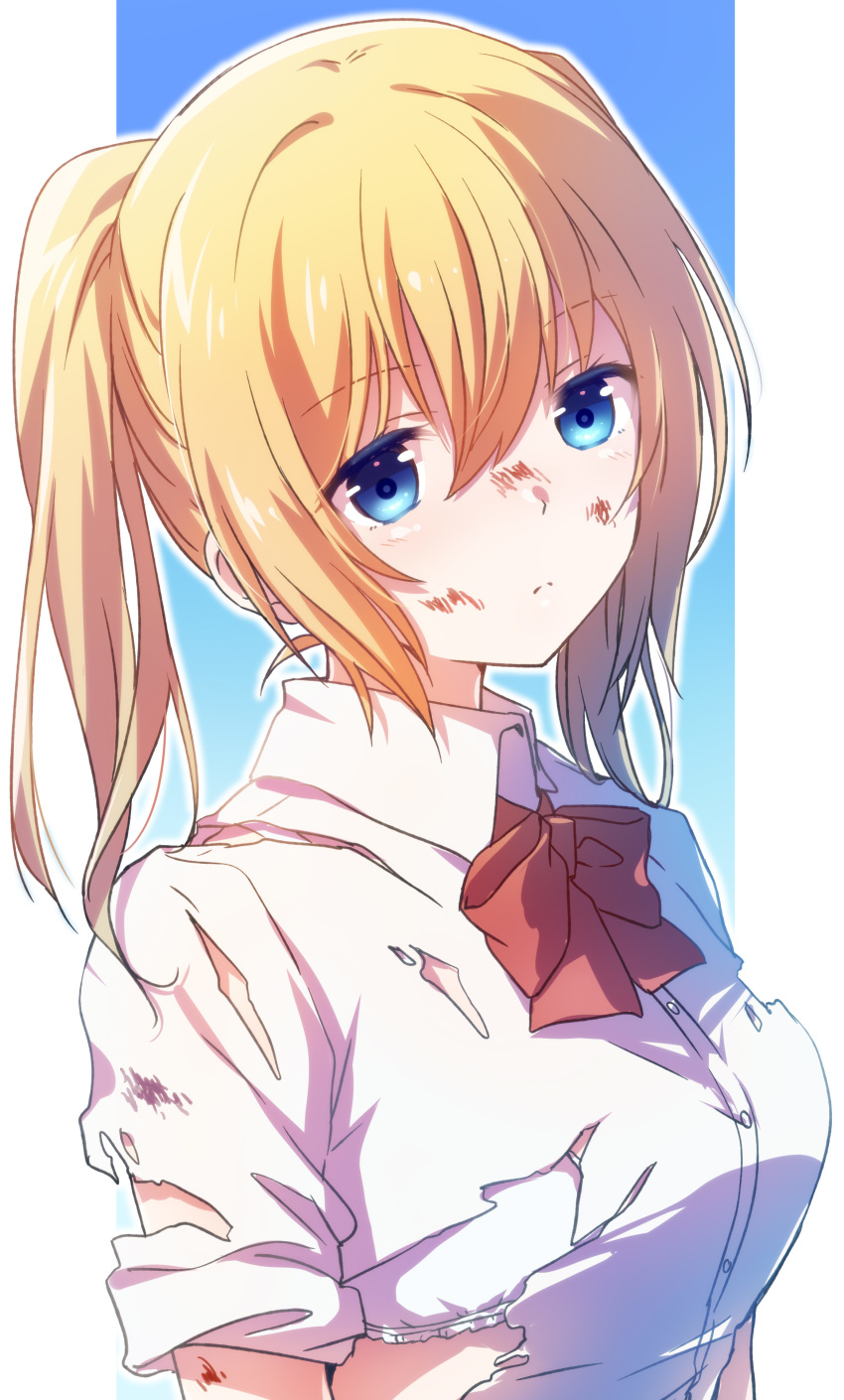 absurdres blonde_hair blue_eyes bow bowtie bra closed_mouth expressionless female highres nyaa_(nnekoron) onishima_homare red_bow red_bowtie school_uniform scratches shirt simple_background sleeves_rolled_up solo sounan_desuka? torn_clothes twintails underwear upper_body white_shirt