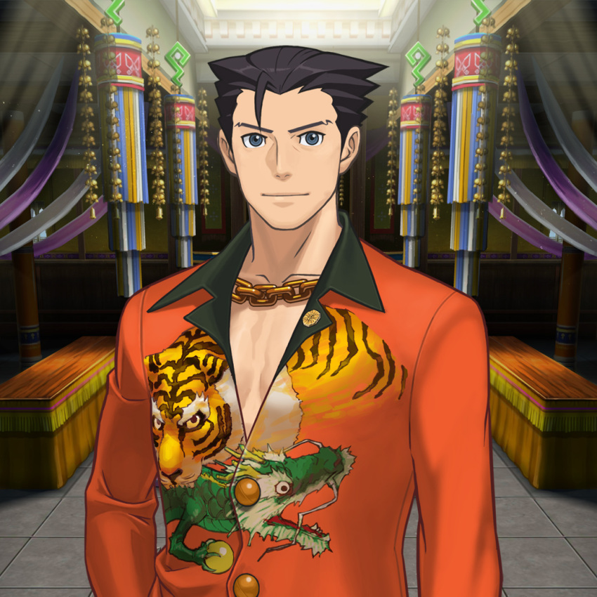 1boy black_hair closed_mouth commentary cosplay furio_tigre furio_tigre_(cosplay) grey_eyes gyakuten_saiban jewelry male_focus mature_male muscular muscular_male naruhodou_ryuuichi necklace official_art orange_shirt phoenix_wright:_ace_attorney_-_spirit_of_justice shirt short_hair smile solo spiked_hair