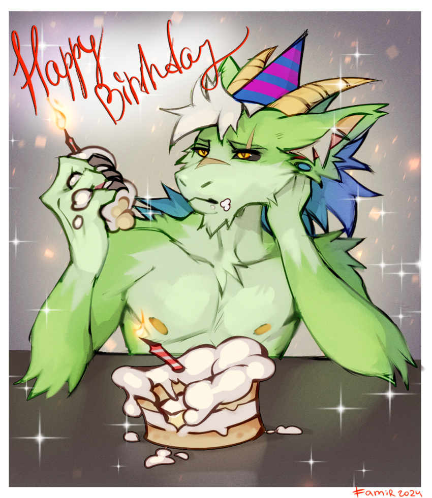 anthro arm_tuft black_sclera blue_hair bovid candle caprine cheek_tuft dragon ear_piercing eating_cake elbow_tuft facial_hair facial_tuft famir_(artist) famir_(character) front_view fur furred_dragon furred_scalie gauged_ear goat goatee green_body green_fur hair hi_res horn hybrid inner_ear_fluff male mammal mouth_closed multicolored_hair mythological_creature mythological_scalie mythology nipples piercing pupils scalie shoulder_tuft slit_pupils solo tuft two_tone_hair white_hair white_inner_ear_fluff yellow_eyes yellow_horn yellow_nipples