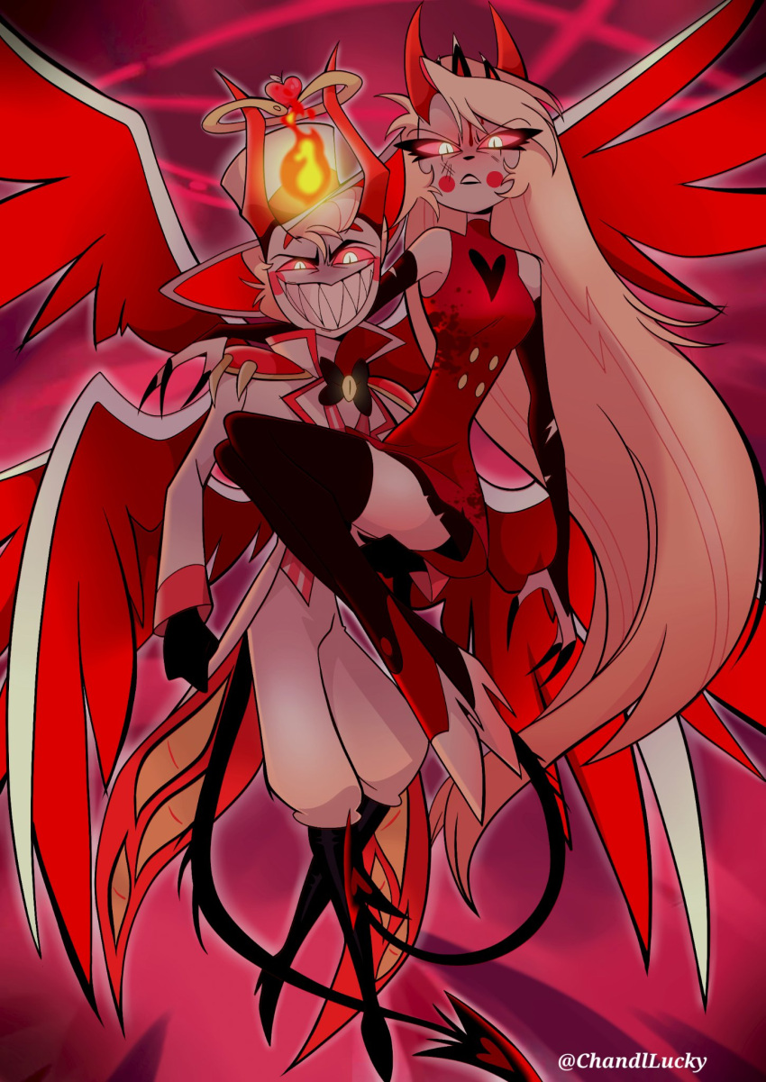 1boy black_thighhighs blonde_hair chandllucky charlie_morningstar colored_sclera demon_boy demon_girl demon_horns demon_tail demon_wings dress father_and_daughter female fire hat hazbin_hotel highres horns long_hair lucifer_morningstar_(hazbin_hotel) multiple_wings red_dress red_horns red_sclera sharp_teeth slit_pupils suit tail teeth thighhighs wings