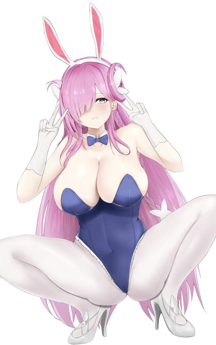 absurdres animal_ears azur_lane bare_shoulders blue_eyes blue_leotard breasts detached_collar double_v fake_animal_ears female frilled_leotard frills gloves hair_ornament hair_over_one_eye highres huge_breasts leotard long_hair louisville_(an_order_of_dreams)_(azur_lane) louisville_(azur_lane) official_alternate_costume pantyhose playboy_bunny pokko purple_hair rabbit_ears simple_background solo strapless strapless_leotard undersized_breast_cup v very_long_hair white_background white_gloves white_pantyhose