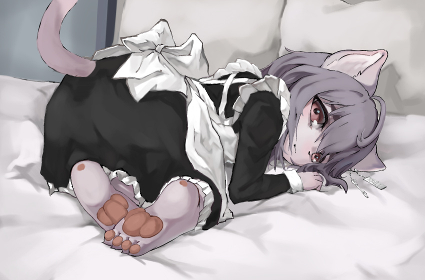 all_fours anthro apron ass bed biped blush bow_apron clothing clothing_bow domestic_cat ear_piercing ear_ring felid feline felis female fur furniture hair hi_res inner_ear_fluff looking_at_viewer maid_uniform mammal on_bed pawpads piercing pillow purple_body purple_fur purple_hair raised_tail rear_view red_eyes ring_piercing solo tail tuft uniform xiao_lijun