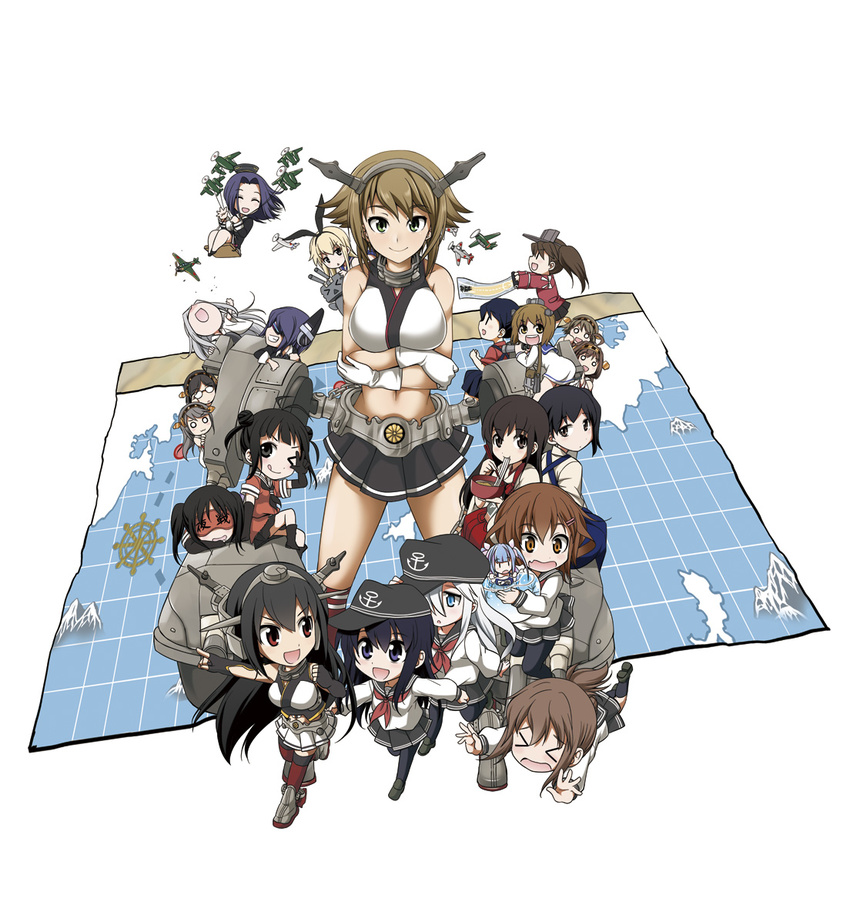 6+girls ahoge aircraft airplane akagi_(kancolle) akatsuki_(kancolle) bare_shoulders brown_hair commentary_request double_bun eating eyepatch folded_ponytail gekka_kaguya_(urabata) glasses gloves green_eyes hair_bun hairband haruna_(kancolle) headgear hibiki_(kancolle) hiei_(kancolle) houshou_(kancolle) i-19_(kancolle) ikazuchi_(kancolle) inazuma_(kancolle) japanese_clothes kaga_(kancolle) kantai_collection kirishima_(kancolle) kongou_(kancolle) long_hair map midriff multiple_girls mutsu_(kancolle) nagato_(kancolle) naka_(kancolle) nontraditional_miko pantyhose photoshop_(medium) pleated_skirt purple_hair ryuujou_(kancolle) school_uniform sendai_(kancolle) serafuku shimakaze_(kancolle) short_hair skirt sleep_mask tatsuta_(kancolle) tenryuu_(kancolle) thighhighs translated yukikaze_(kancolle)