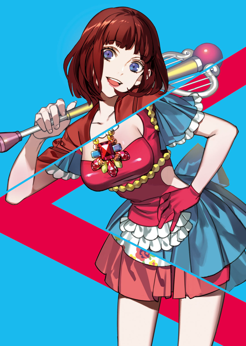 blue_eyes blunt_bangs breasts brown_hair dress female frills gloves hand_on_own_hip highres jewelry kurahana_chinatsu lips medium_breasts misawa_mizuki official_art parody revealing_layer samurai_flamenco short_hair single_glove smile solo thighs