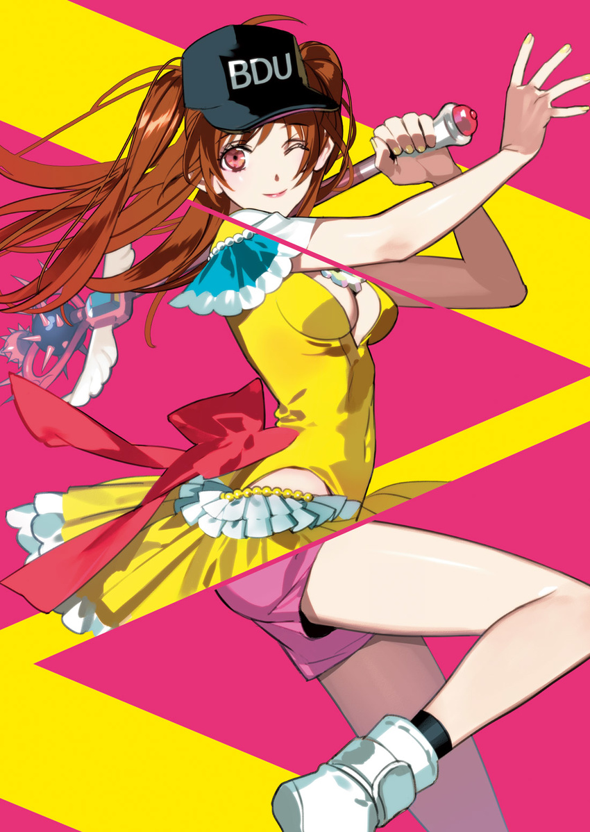 baseball_cap breasts brown_hair cleavage dress female flamenco_girl hat highres kurahana_chinatsu lips maya_mari medium_breasts nail_polish official_art one_eye_closed parody red_eyes revealing_layer ribbon samurai_flamenco short_shorts shorts solo twintails