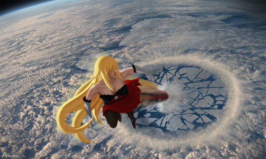 atlastrix bakemonogatari bare_shoulders black_pantyhose blonde_hair breasts cloud dress earth_(planet) elbow_gloves female gloves highres jumping kiss-shot_acerola-orion_heart-under-blade kizumonogatari large_breasts legs lips long_hair monogatari_(series) onimonogatari oshino_shinobu pantyhose photoshop_(medium) planet self-upload solo vampire very_long_hair white_gloves