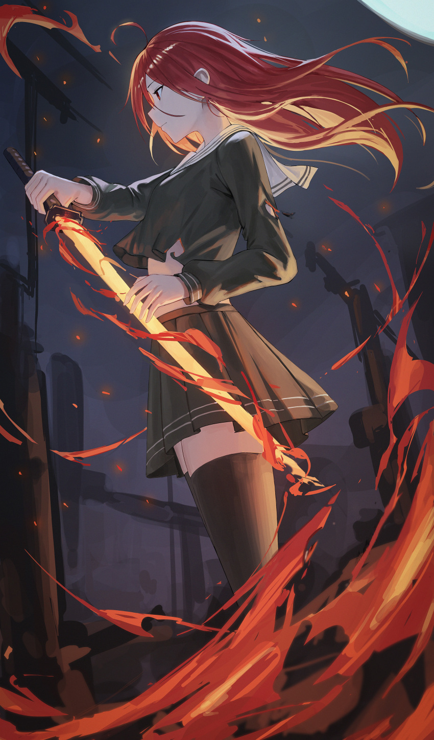 absurdres black_c_(net_dust) black_shirt black_skirt black_thighhighs commentary_request feet_out_of_frame female fire flaming_sword flaming_weapon floating_hair from_side hair_between_eyes highres holding holding_sword holding_weapon long_hair long_sleeves midriff miniskirt misaki_high_school_uniform night outdoors pleated_skirt profile red_eyes red_hair sailor_collar sailor_shirt school_uniform serafuku shakugan_no_shana shana shirt skirt solo standing straight_hair sword thighhighs torn_clothes torn_shirt weapon white_sailor_collar zettai_ryouiki