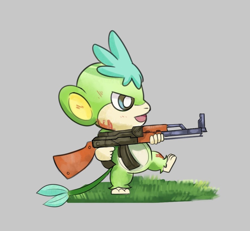 ak-47 ak_platform ambiguous_gender assault_rifle blood blood_on_face blue_eyes bodily_fluids chibi feral from_side fur grass green_body green_fur grey_background gun haplorhine holding_assault_rifle holding_gun holding_object holding_ranged_weapon holding_rifle holding_weapon jooyink mammal monkey open_mouth pal_(species) palworld plant pocketpair primate ranged_weapon rifle side_view simple_background solo tail tanzee weapon