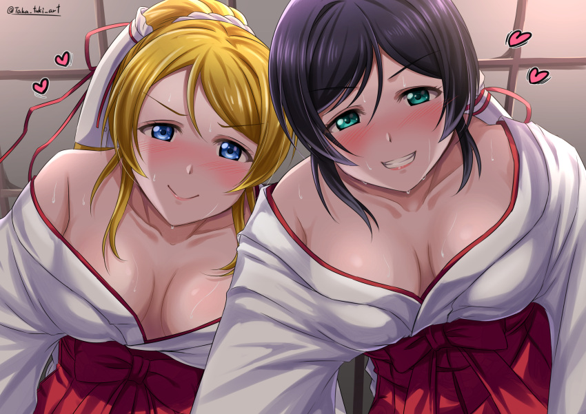 2girls absurdres aqua_eyes ayase_eli black_hair blonde_hair blue_eyes bow breasts cleavage closed_mouth collarbone from_below grin hair_between_eyes hair_ornament hair_scrunchie hakama heart highres indoors japanese_clothes kimono long_hair looking_at_viewer love_live! love_live!_school_idol_project medium_breasts miko multiple_girls open_clothes open_kimono ponytail pov red_bow red_hakama scrunchie smile sweatdrop takatsuki_p tojo_nozomi twitter_username white_kimono white_scrunchie