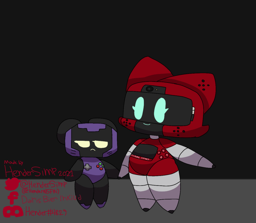 android anthro blue_eyes clothed clothing duo electronics felid feline female game_boy_advance game_boy_family game_console hand_holding happy hendersimp looking_away machine mammal metallic_body nintendo nintendo_3ds nintendo_ds_family red_body red_skin robot simple_background size_difference smaller_female watermark yellow_eyes