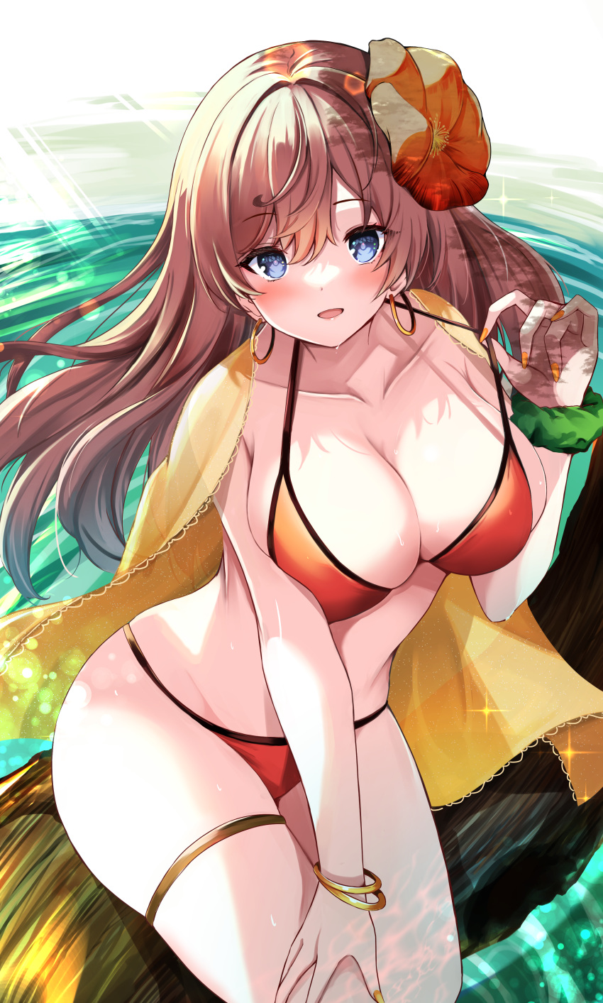 absurdres bikini blush bracelet breasts brown_hair cleavage collarbone earrings fate/grand_order fate_(series) female flower grey_eyes hair_flower hair_ornament highres hoop_earrings jewelry large_breasts long_hair looking_at_viewer mata_hari_(fate) open_mouth orange_bikini shibakame sitting smile solo swimsuit thighlet thighs