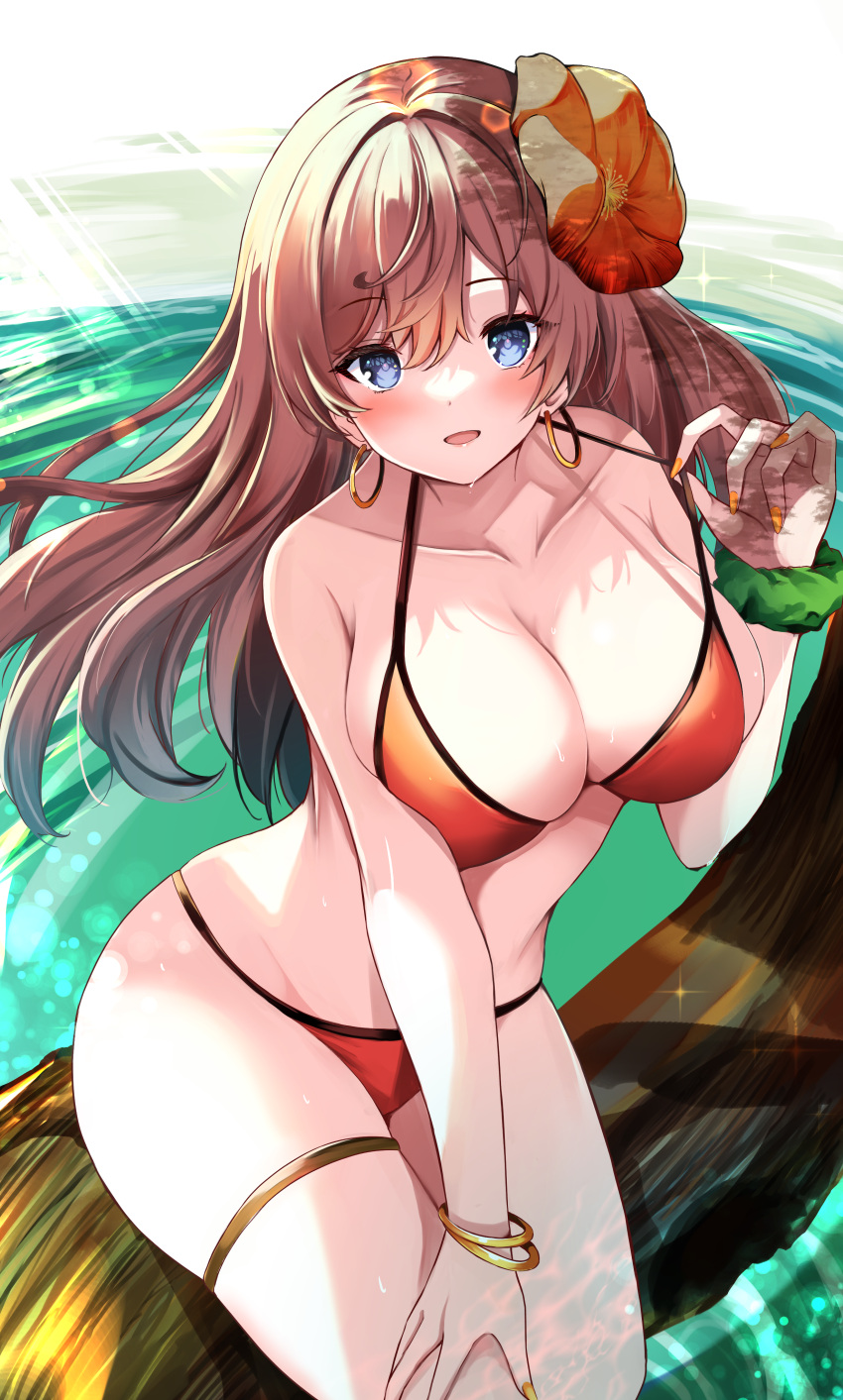 absurdres bare_shoulders bikini blush bracelet breasts brown_hair cleavage collarbone earrings fate/grand_order fate_(series) female flower grey_eyes hair_flower hair_ornament highres hoop_earrings jewelry large_breasts long_hair looking_at_viewer mata_hari_(fate) open_mouth orange_bikini shibakame sitting smile solo swimsuit thighlet thighs