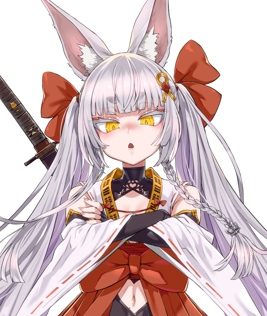 animal_ear_fluff animal_ears asanagi asanagi_(azur_lane) azur_lane bare_shoulders blunt_bangs colored_eyelashes commentary_request crossed_arms detached_sleeves eyeliner female fox_ears hair_ribbon hakama highres japanese_clothes long_hair looking_at_viewer makeup manjuu_(azur_lane) midriff mole mole_on_stomach name_connection navel open_mouth prototype_design red_eyeliner red_hakama red_ribbon ribbon simple_background solo triangle_mouth twintails upper_body white_background white_hair wide_sleeves yellow_eyes