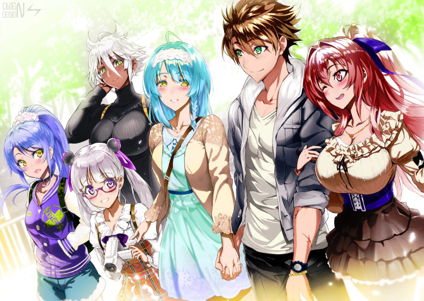 1boy 5girls ;d ahoge arm_grab blush breasts camera casual choker cleavage collaboration colorized corset dress floating_hair girl_sandwich glasses hair_between_eyes hair_ornament hair_scrunchie hairband hand_in_own_hair hands_in_pockets head_tilt high_ponytail highres holding holding_camera holding_hands huge_breasts interlocked_fingers jacket jewelry layered_skirt letterman_jacket long_hair miniskirt multiple_girls naruse_maria naruse_mio necklace nonaka_kurumi nonaka_yuki one_eye_closed ookuma_nekosuke open_clothes open_jacket open_mouth owendss98 pants sandwiched scrunchie shinmai_maou_no_testament short_dress short_hair skirt smile spiked_hair standing sundress sweater toujou_basara turtleneck turtleneck_sweater very_long_hair watch wristwatch zest