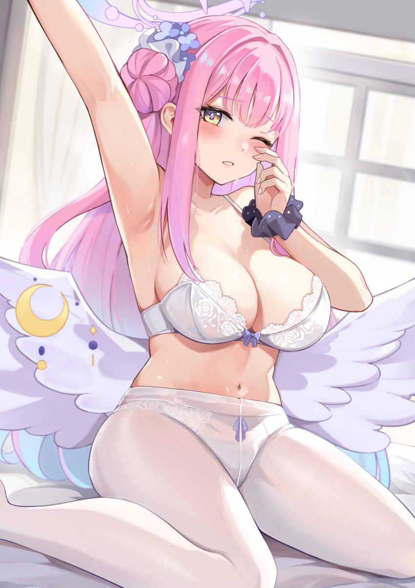 ;) angel_wings arm_up armpits arms_up bed bed_sheet black_scrunchie blue_archive blue_bow blue_flower blue_hair blue_ribbon blush bow bow_bra bow_panties bra breasts bright_pupils cleavage closed_mouth collarbone commentary_request crescent curtains dutch_angle feathered_wings feet_out_of_frame female fingernails floral_print flower foot_out_of_frame frilled_ribbon frills from_side gradient_background gradient_hair groin_tendon hair_bun hair_flower hair_intakes hair_ornament hair_ribbon halo highres indoors konka lace lace-trimmed_bra lace-trimmed_panties lace_bra lace_trim large_breasts legs lingerie long_hair looking_at_viewer low_wings mika_(blue_archive) multicolored_hair nail_polish navel on_bed one_eye_closed one_side_up panties panties_under_pantyhose pantyhose parted_lips pink_hair pink_halo pink_lips pink_nails polka_dot polka_dot_scrunchie raised_eyebrows ribbon ribbon_panties rose_print rubbing_eyes scrunchie sideboob sidelocks single_side_bun sitting smile solo stomach straight_hair sweat thighs underwear underwear_only very_long_hair wariza white_bra white_panties white_pantyhose white_ribbon white_wings window wing_ornament wings wrist_scrunchie yellow_eyes