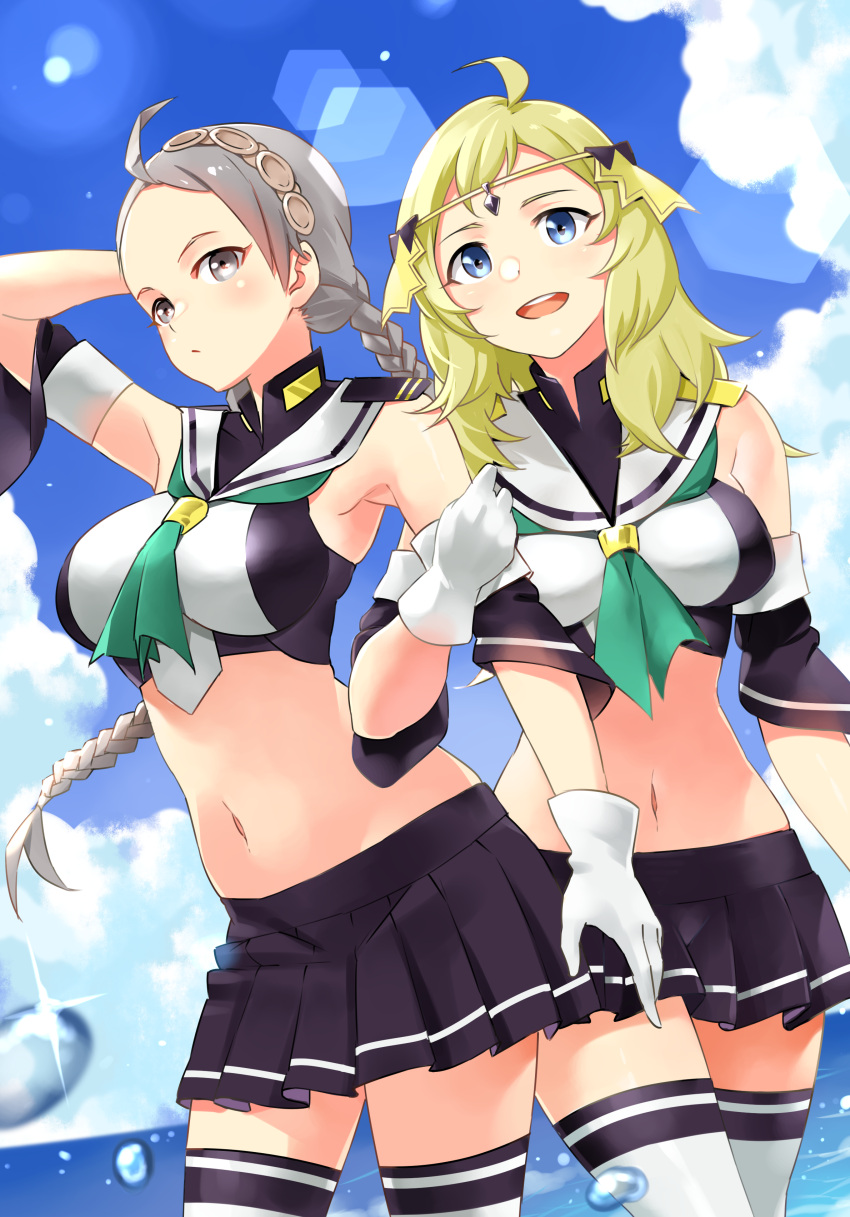 2girls absurdres ahoge alternate_costume arm_hug armpit_crease armpits azur_lane black_skirt blonde_hair blue_sky blush braid breasts cloud commentary commission commissioner_upload cosplay crop_top day detached_sleeves fire_emblem fire_emblem_fates forehead forehead_jewel furutaka_(azur_lane) furutaka_(azur_lane)_(cosplay) furutaka_(retrofit)_(azur_kane) gloves green_neckerchief grey_eyes grey_hair groin hair_ornament highres horizon igni_tion kako_(azur_lane) kako_(azur_lane)_(cosplay) kako_(retrofit)_(azur_lane) large_breasts leaning_forward long_hair low_twin_braids midriff miniskirt multiple_girls navel neckerchief nina_(fire_emblem) ocean open_mouth ophelia_(fire_emblem) outdoors parted_bangs pleated_skirt sailor_collar school_uniform second-party_source shirt sidelocks skindentation skirt sky sleeveless sleeveless_shirt sunlight teeth thighhighs thighs twin_braids waves white_gloves white_sailor_collar wide_sleeves zettai_ryouiki